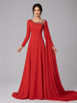 Long Sleeve Plum Floral Beaded Evening Gown